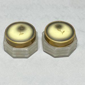 2 Vintage Octagon Shape Vanity Powder Makeup Trinket Glass Jar Floral Brass Lid